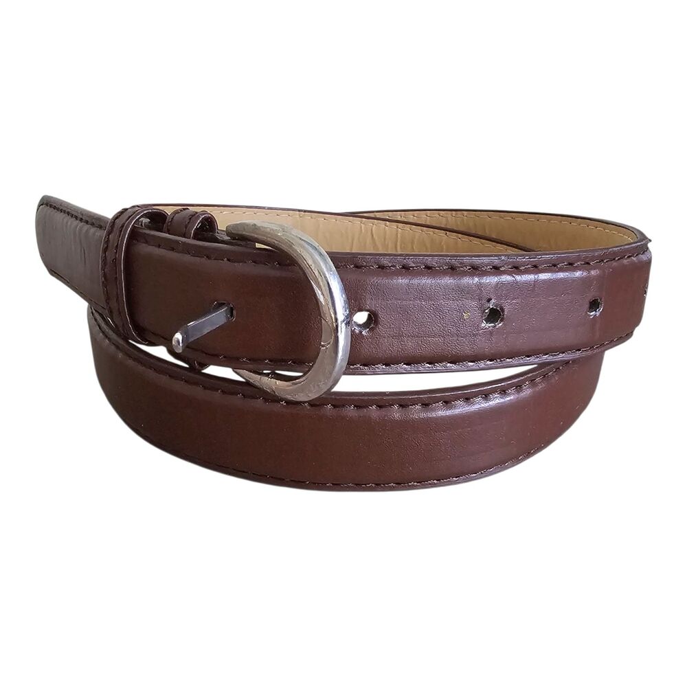 Women's XL Skinny Brown Faux Leather Belt with Silver Buckle, Made in China, XL